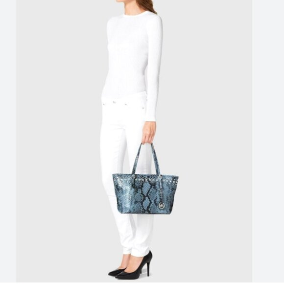 Michael Kors Jet Set Snakeskin Embossed Jewel Zip Tote Bag Blue Gray w/ Wallet - Picture 1 of 11
